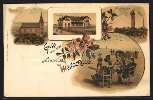 Lithographie Wangeroog, Leuchtturm, Kirche, Hospiz, Paar am Strand