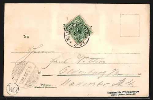 Lithographie Wangeroog, Leuchtturm, Kirche, Hospiz, Paar am Strand