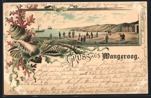 Lithographie Wangeroog, Blick auf dem Strand, Segelschiffe am Horizont