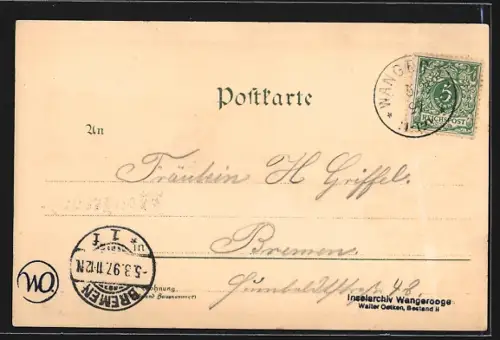 Lithographie Wangeroog, Blick auf dem Strand, Segelschiffe am Horizont