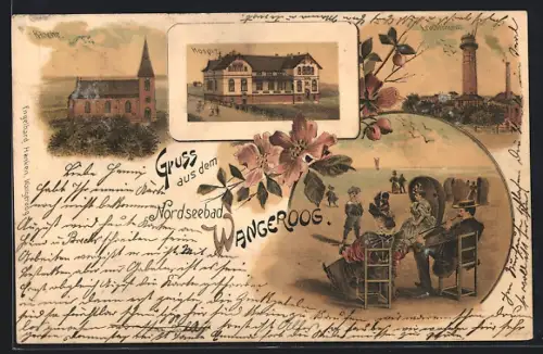 Lithographie Wangeroog, Hospiz, Kirche, Leuchtturm, Elegantes Paar am Strand