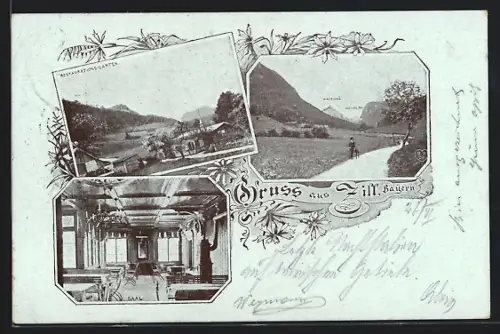 AK Zill /Bayern, Restaurant-Garten, Innenansicht vom Speisesaal, Fernblick auf den Watzmann