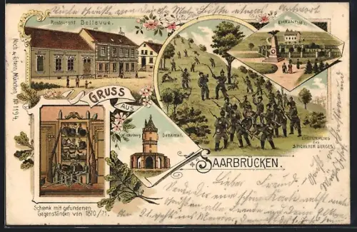 Lithographie Saarbrücken, Gasthof Bellevue, Winterberg-Denkmal, deutsche Soldante erstürmen den Spicherer Berg