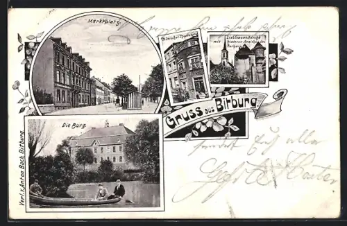 Lithographie Bitburg, Marktplatz, Ansicht der Burg, Römischer Torturm, Liebfrauenkirche