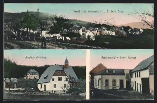 AK Kemmenau b. Bad Ems, Gasthaus von Heinrich Schmidt, Schule und Forsthaus