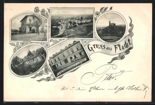 AK Flacht / Unterlahn, Gasthof - Metzgerei Wilhelm Scheid, Bahnhof, Bienenzucht, Ruine Ardeck