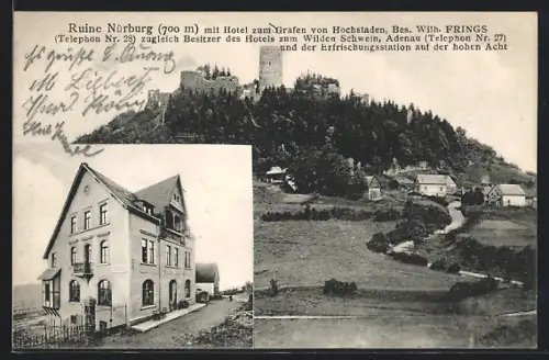AK Nürburg, Hotel zum Grafen von Hochstaden, Bes. Wilh. Frings, Blick zur Ruine Nürburg