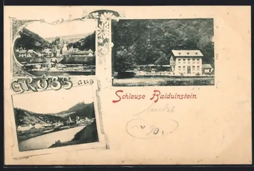 AK Schleuse Balduinstein, Gasthaus, Ortsansicht mit Fluss