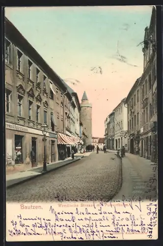 AK Bautzen, Wendische Strasse mit Pulverturm, Spirituosen-Geschäft
