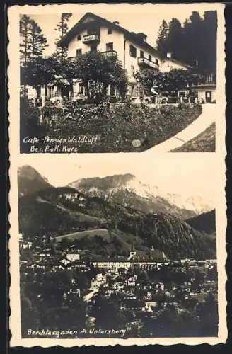 AK Berchtesgaden, Cafe-Pension Waldluft, Bes. P. u. K. Kurz, Anblick von Berchtesgaden mit Untersberg