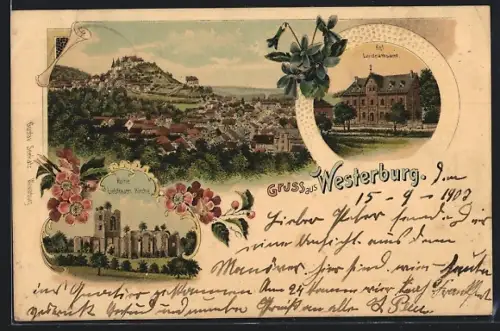 Lithographie Westerburg / Westerwald, Kgl. Landrathsamt, Ruine Liebfrauen Kirche, Ortsansicht