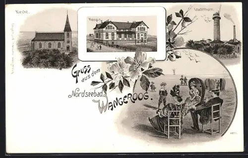 Lithographie Wangeroog, Kirche, Hospiz und Leuchtturm