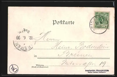 Lithographie Wangeroog, Kirche, Hospiz und Leuchtturm