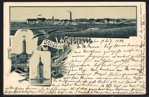 Lithographie Wangeroog, Ortsansicht mit Turm und Kirche