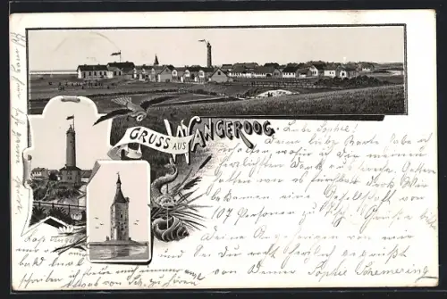 Lithographie Wangerooge, Leuchtturm, West-Thurm, Ortsansicht