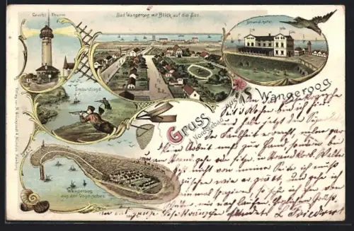 Lithographie Wangeroog, Leuchtturm, Seehundjagd, Strand-Hotel