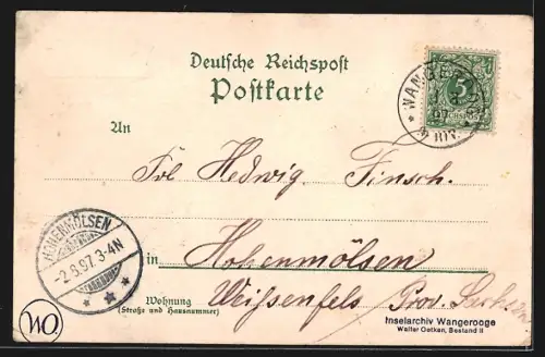 Lithographie Wangeroog, Leuchtturm, Seehundjagd, Strand-Hotel