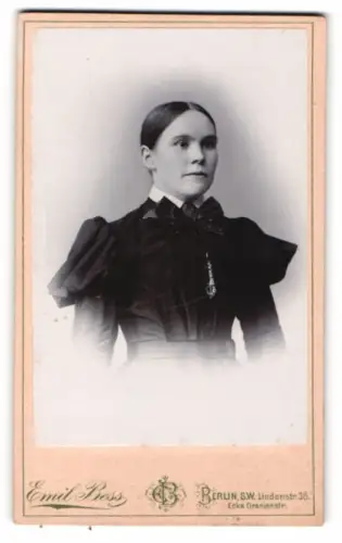 Fotografie Emil Bess, Berlin, Lindenstr. 38, Porträt einer Frau mit elegantem Kleid