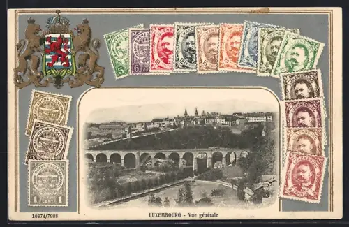 Präge-AK Luxembourg, Vue generale, Wappen, Briefmarken