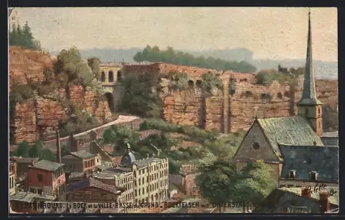 Künstler-AK Luxembourg, Le Bock et va Ville-Basse du Grund