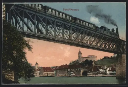 AK Schaffhausen, Eisenbahnbrücke und Ortspanorama mit Burg