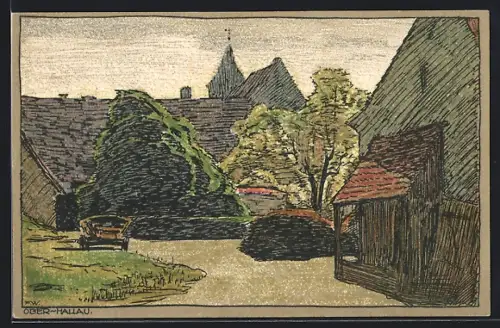 Künstler-AK Hallau /Schaffhausen, Ober-Hallau, Ortspartie mit Kirchturmspitze