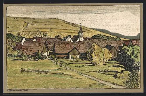 Künstler-AK Hallau /Schaffhausen, Ober-Hallau, Ortsansicht mit Umgebung