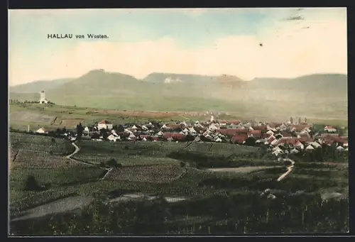 AK Hallau, Gesamtansicht mit Umgebung von Westen, mit Kirche