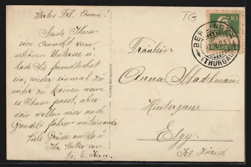 AK Berlingen, Ortsansicht mit Gewässer von einem Hang aus