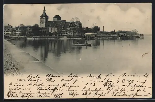 AK Arbon, Ortspanorama mit Kirche vom Wasser aus, Ruderboot