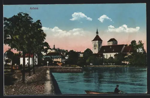 AK Arbon, Ortspanorama mit Kaimauer ud Kirche