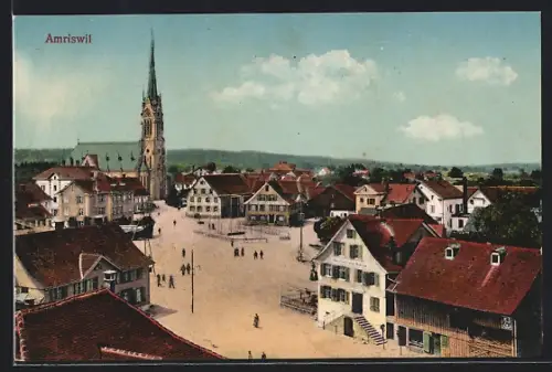 AK Amriswil, Kirche und Geschäfte am Marktplatz