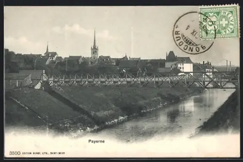 AK Payerne, Ortspanorama mit Kanal und Brücke