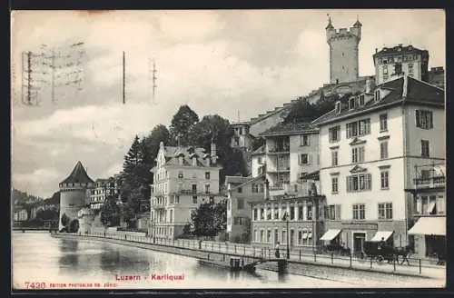 AK Luzern, Karliquai mit Türmen vom Wasser aus