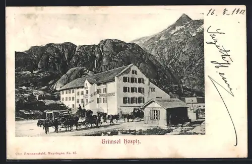 AK Grimsel, Hospiz mit Kutsche und Bergpanorama