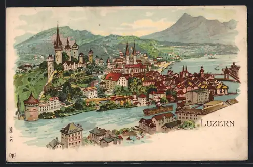 Lithographie Luzern, Ortsansicht, Dampfer