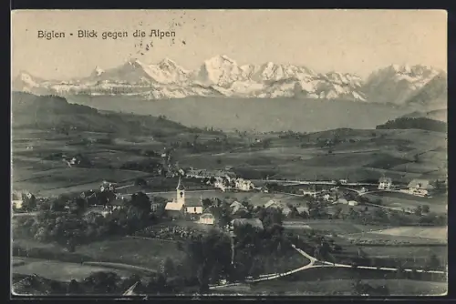 AK Biglen, Gesamtansicht mit Alpen aus der Vogelschau