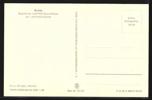 AK Berlin, Sparkasse der Stadt, HO-Warenhaus, Alexanderplatz