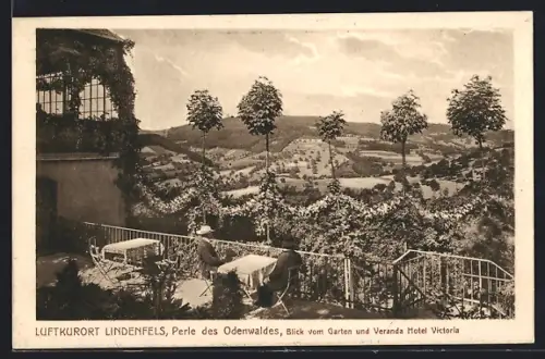 AK Lindenfels /Odenwald, Blick vom Garten und Veranda Hotel Victoria