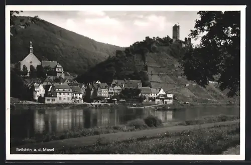 AK Beilstein a. d. Mosel, Ortsansicht mit Kirche und Burgruine