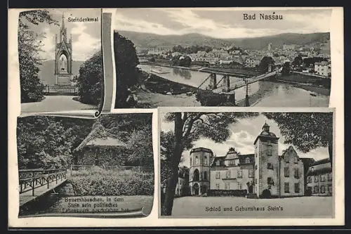 AK Bad Nassau, Steindenkmal, Schloss und Geburtshaus Steins