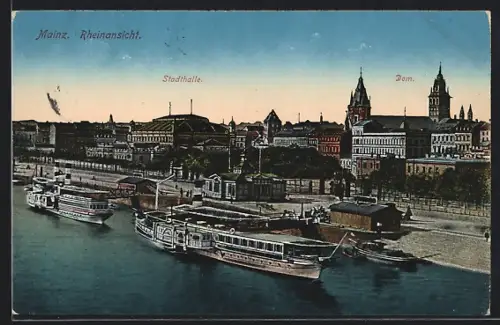 AK Mainz, Rheinansicht, Stadthalle, Dom