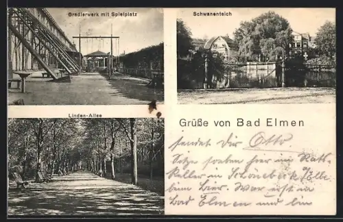 AK Bad Elmen, Gradierwerk mit Spielplatz, Schwanenteich, Linden-Allee