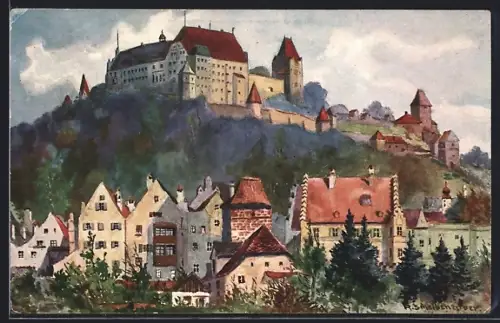 Künstler-AK Landshut, Blick auf Burg Trausnitz