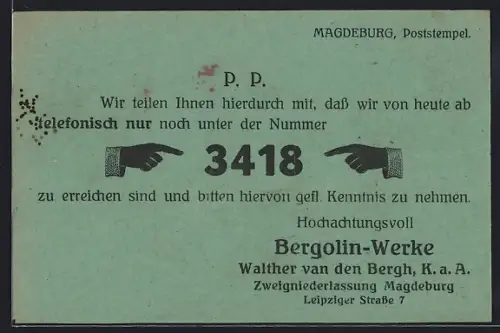 AK Magdeburg, Mitteilung der Bergolin-Werke, Leipziger Strasse 7