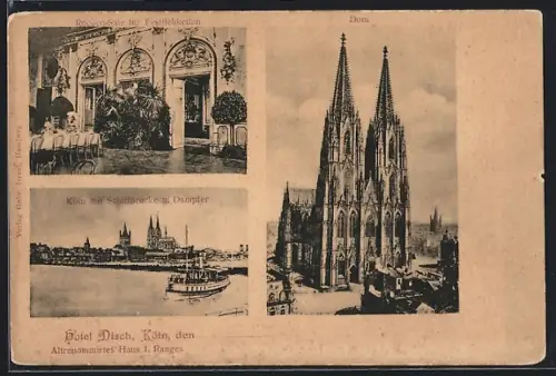 AK Köln, Dom, Rhein mit Schiffbrücke und Dampfer, Hotel Disch
