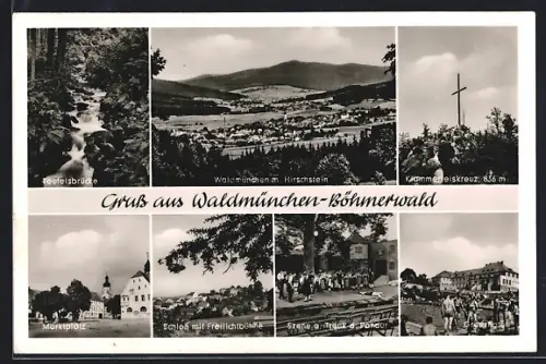 AK Waldmünchen /Böhmerwald, Teufelsbrücke, Marktplatz, Schloss mit Freilichtbühne