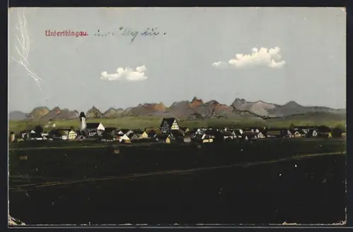 AK Unterthingau, Ortsansicht mit Kirche und Alpenpanorama