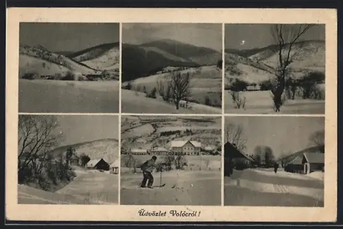 AK Wolowez, Strassenpartien u. Ortspartien im Winter, Skiläufer