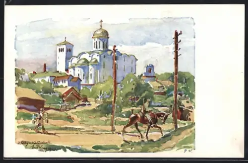 Künstler-AK Wladimir-Wolynsk, Russische Kirche mit Umgebung